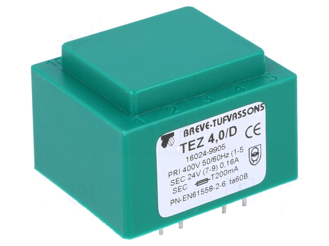 Transformator: ingegoten; 4VA; 400VAC; 24V; 166,6mA; PCB; IP00; TEZ Transformator: ingegoten; 4VA; 400VAC; 24V; 166,6mA; PCB; IP00; TEZ